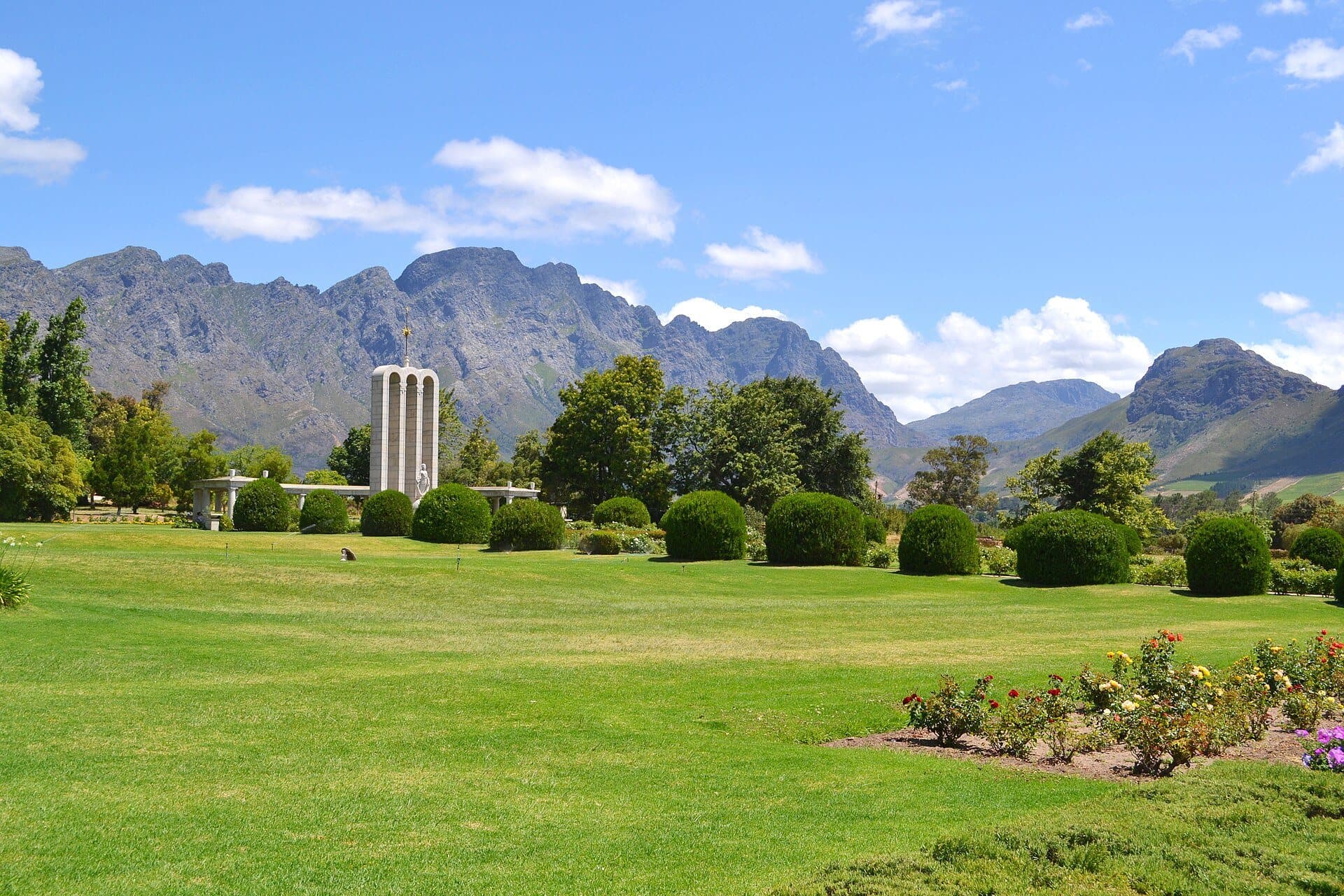 The Huguenot Monument and its gardens beneath the Franschhoek mountains